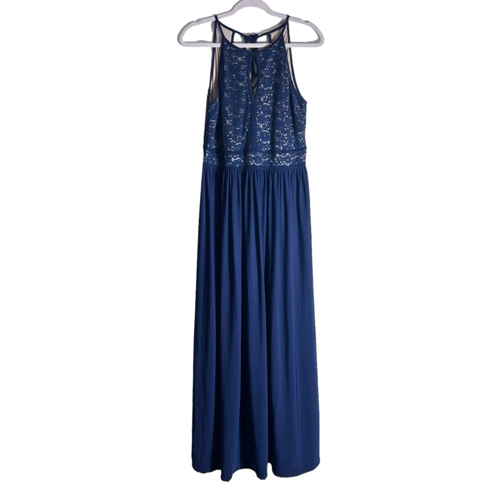 Morgan & Co Navy Blue Lace and Sequin Formal Maxi Dress, Size 14